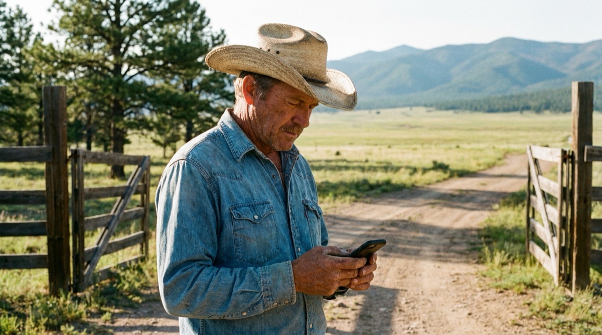 A Catron County rancher checks his phone beside a ranch gate with pines and a wide valley behind him.