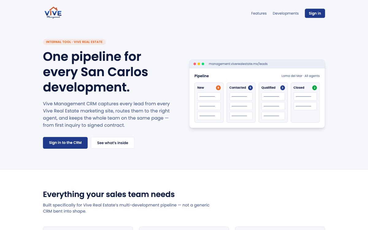 Vive Management CRM website front page