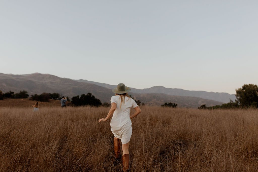 A quiet walk through a golden field with mountains beyond