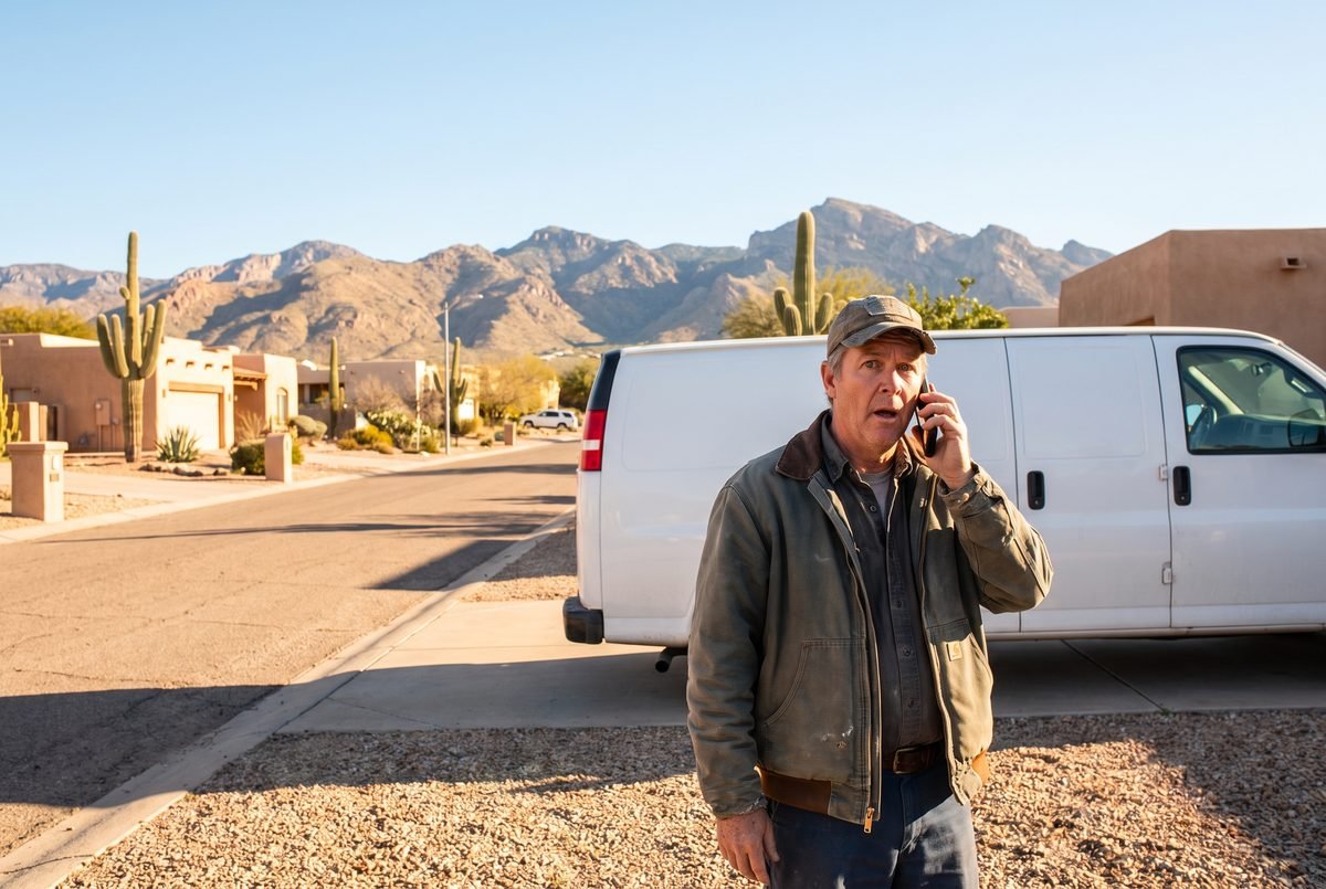 A plumber taking a call beside his work van in a small Southwest town