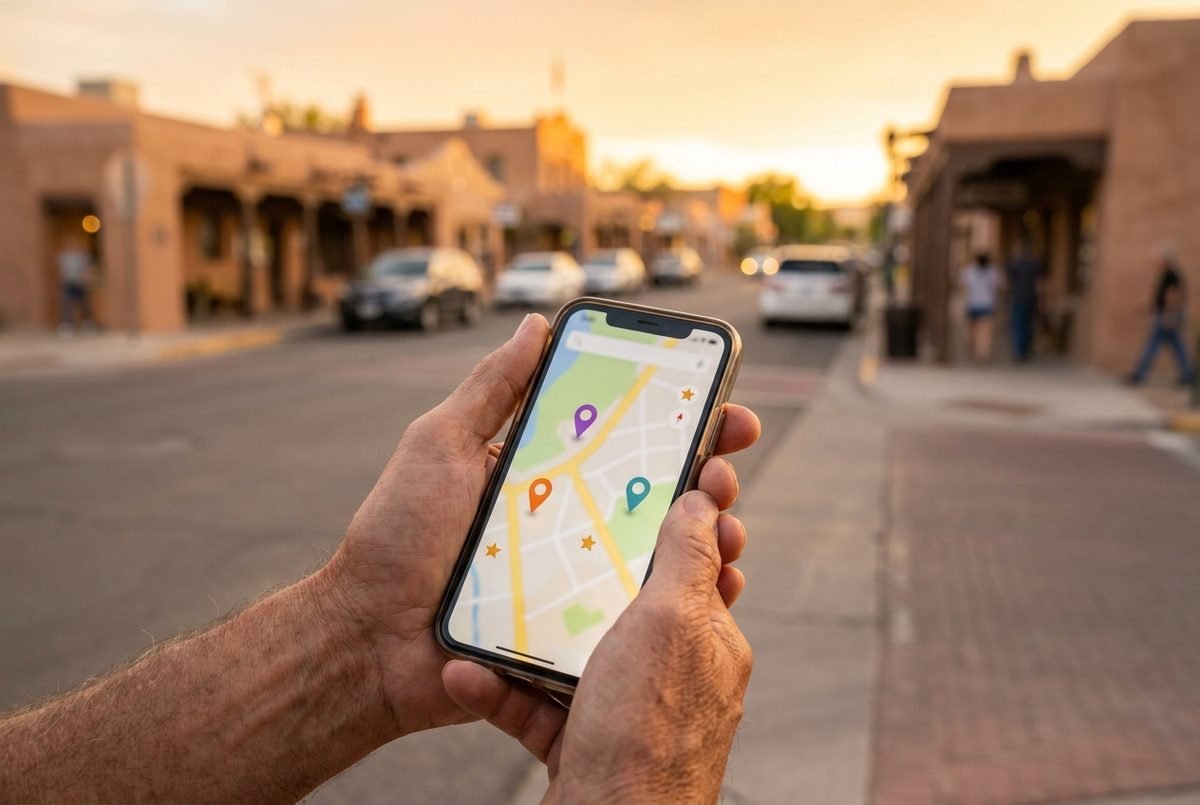 A hand holding a phone showing map results for a local search