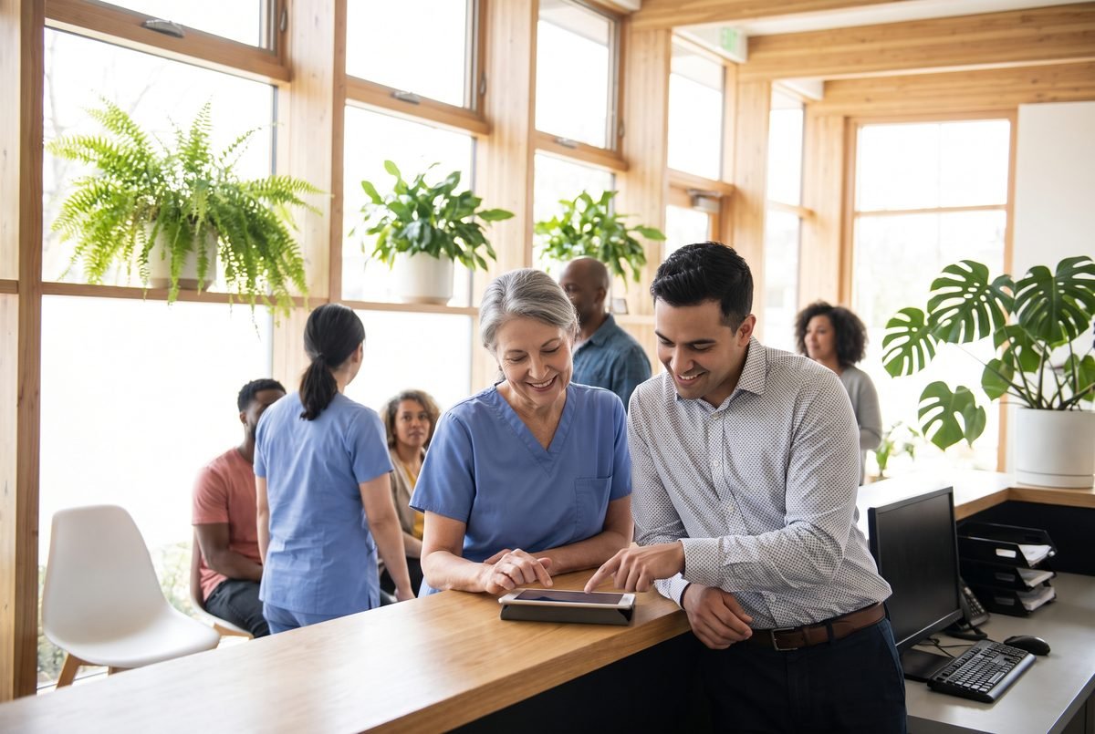 A dentist and office manager reviewing results on a tablet at reception