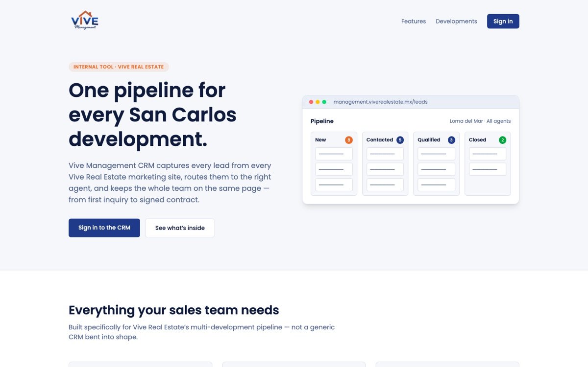 Vive Management CRM website front page